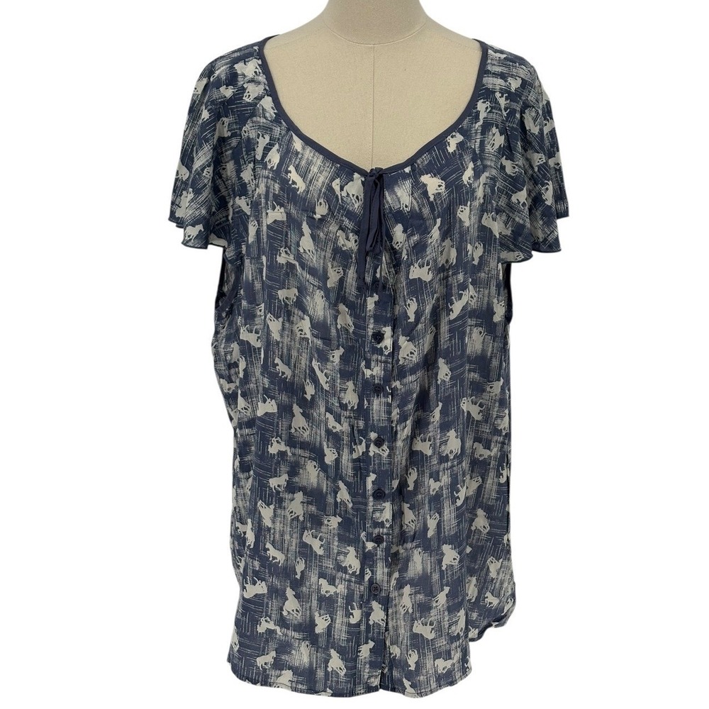 Pure Energy 100% Rayon Blue‎ & White Flutter Sleeve Blouse w/ Horses (Size 3)